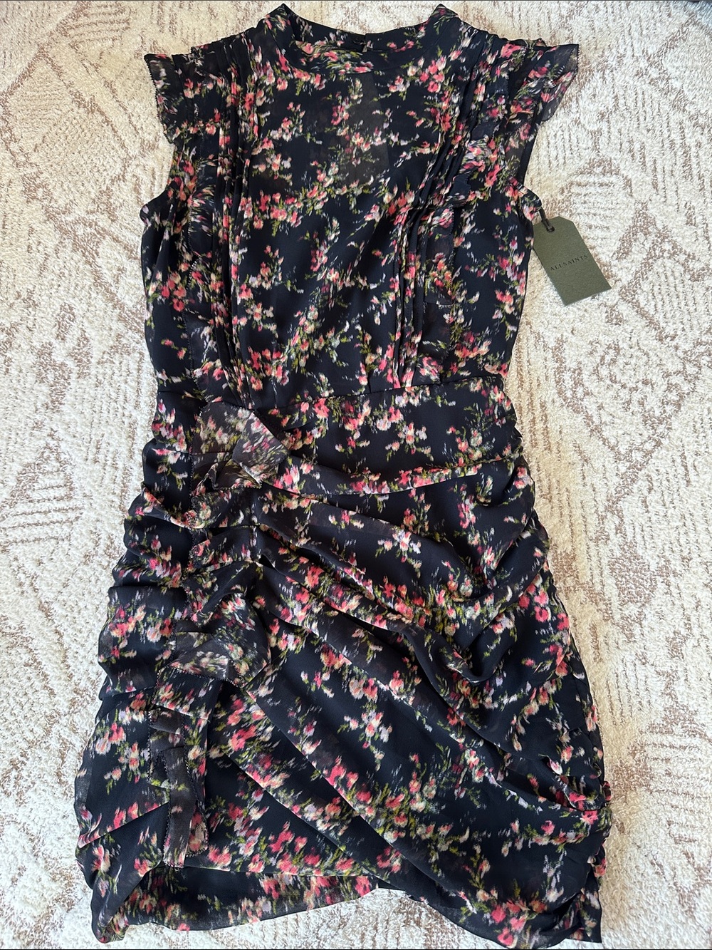 AllSaints NWT Draped Floral Mini Dress Black Silk Blend